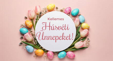 Wall Mural - colorful easter eggs and tulips encircle a hungarian easter greeting on a pink background, creating 