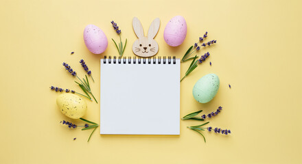 Wall Mural - easter composition featuring blank notebook, colorful eggs, lavender flowers and wooden bunny on yel