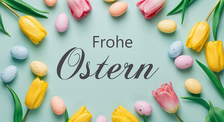 Wall Mural - colorful easter eggs and tulips framing the german words frohe ostern (happy easter) on a light gree