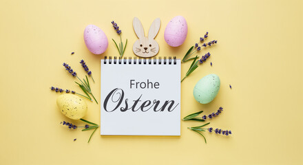 Wall Mural - colorful easter eggs, lavender sprigs, and a wooden bunny decorating a notepad with the german words