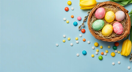 Wall Mural - easter basket filled with colorful eggs, tulips, and candies creating a festive spring atmosphere on