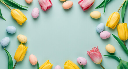 Wall Mural - festive easter border made with colorful eggs and tulips on a light green backdrop, perfect for spri