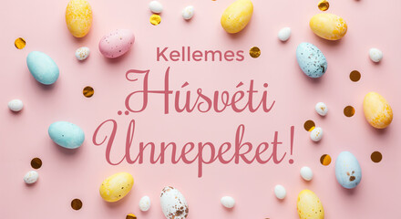 Wall Mural - colorful easter eggs and chocolate arranged on a pink background with a hungarian easter greeting ke