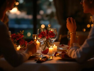 Poster - romantic dinner setting with two people seated at a table, surrounded by candlelight, red roses, and wine glasses. The atmosphere is warm and intimate.