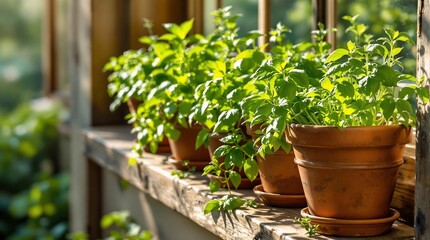 Poster - row of potted plants on a windowsill, with sunlight streaming through the window, creating a warm and inviting atmosphere.