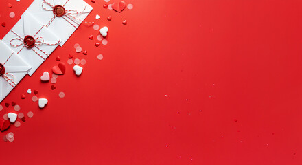 Wall Mural - white envelopes with wax seals and red and white hearts decorations lying on vivid red background cr