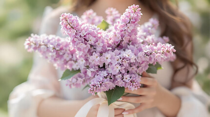 Poster - person holding a bouquet of lilac flowers in a soft-focus outdoor setting.