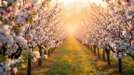 Aufkleber - beautiful garden with rows of apple trees in full bloom, creating a picturesque and serene atmosphere. The sunlight filters through the blossoms, casting a warm glow over the scene.