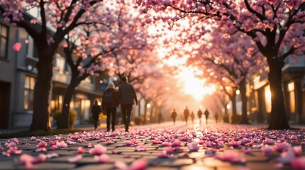 Poster - picturesque street lined with cherry blossom trees, creating a tunnel of pink petals. The scene is vibrant with people walking, adding to the serene and romantic atmosphere.