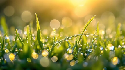 Aufkleber - close-up of vibrant green grass covered in dewdrops, backlit by a golden sunrise, creating a bokeh effect.