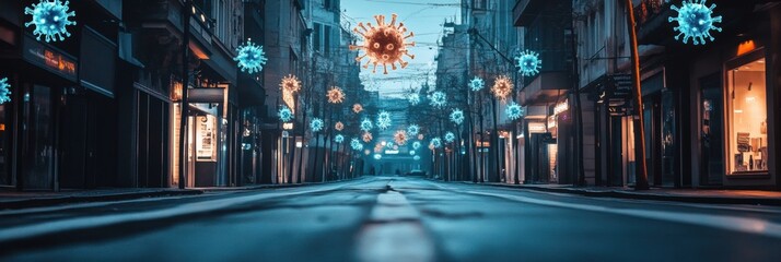 Poster - Empty urban street adorned with symbolic virus motifs during twilight hours. Generative AI