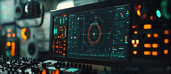Futuristic control panel with glowing screen displaying navigation data.