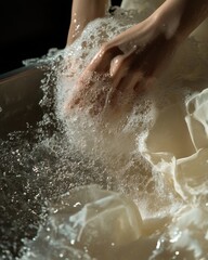 Poster - A close-up of hands gently washing delicate fabrics in soapy water, creating a serene and calming atmosphere.