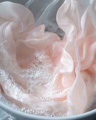 Poster - Soft pink silk fabric gracefully floats in a bowl of bubbles, creating a serene and delicate atmosphere.