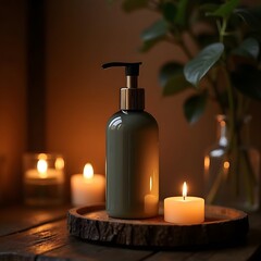 Wall Mural - Glowing Beauty Luxurious Haircare Bottle on Rustic Wood