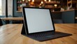 © yuntunen - Close-up of a tablet mockup placed on a wooden table in a coffee shop, with soft lighting highlighting the screen and surroundings