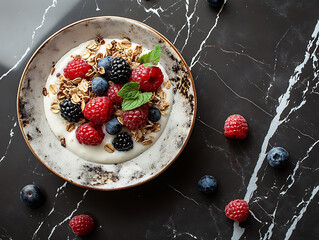 Colorful smoothie bowls with granola and fresh berries on a marble counter