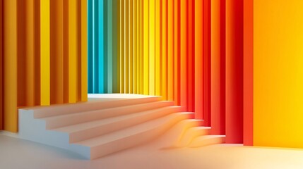 Poster - White staircase leading to colorful vertical stripes creating a vibrant backdrop