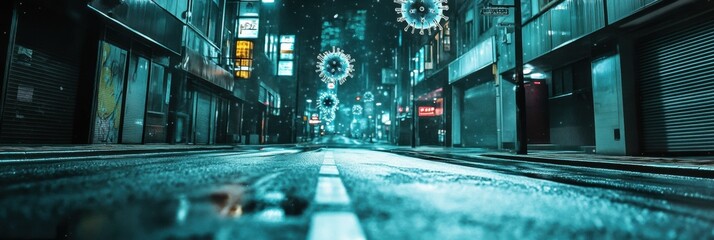 Poster - Empty urban street with symbolic virus design reflecting isolation during pandemic times at night. Generative AI