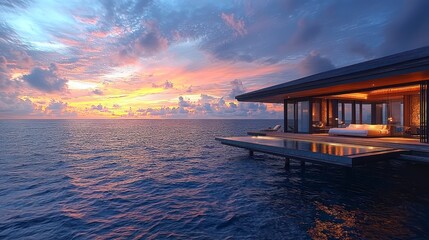 Wall Mural - Ocean villa at sunset.