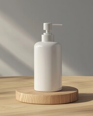 Poster - Minimalist white pump bottle on a wooden stand, casting soft shadows in a serene setting.
