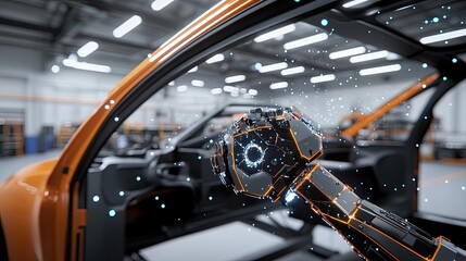 Poster - A high-tech robotic arm against a digital backdrop, showcasing smart machine control, featuring an AI-powered mechanical hand. This represents an abstract assembly line, blending art, industry, and