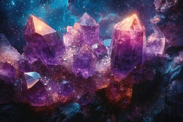 Poster - Vibrant crystals glowing under a starry night sky