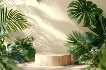 Poster - Wooden podium displaying with tropical monstera and palm leaves for cosmetic product presentation