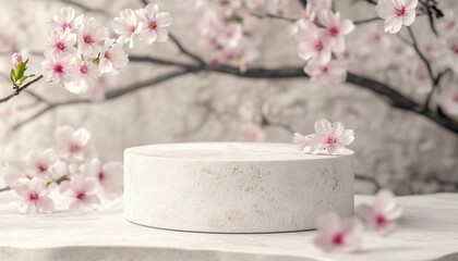 Poster - White Stone Podium And Cherry Blossom With Natural Light Shadow For Branding And Product Presentation In A Rendered Scene.