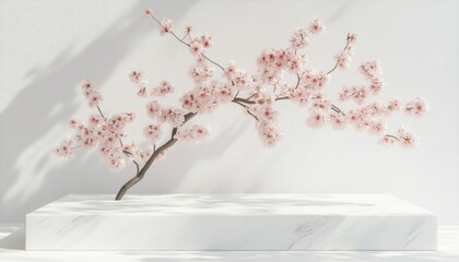 Poster - Japanese Podium In Cherry Blossom And Podium White For Branding Presentation In A Rendering. Explore The Elegance Of Japan.