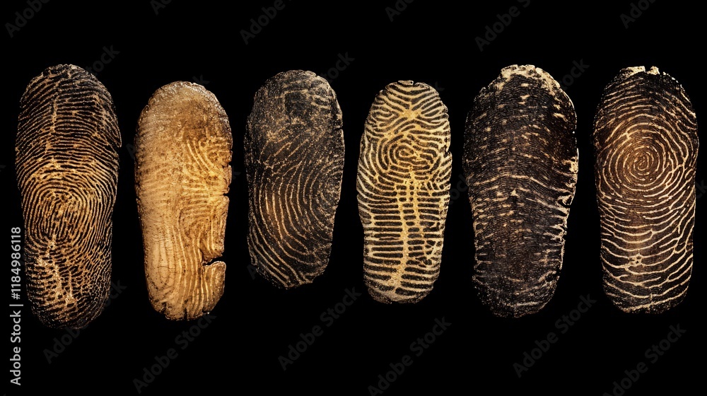 Seven worn shoe soles arranged horizontally against a black background ...