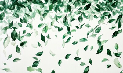 White background with green leaves scattered all over it. The leaves are falling from the trees, creating a sense of movement and change