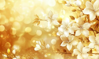 White Blossoms on Tree Branch with Golden Bokeh Light Background