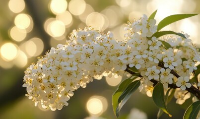 White Blossoms on Tree Branch with Golden Bokeh Light Background