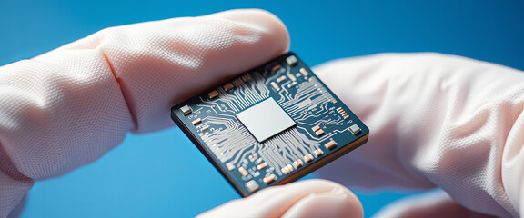 Poster - A person with gloved hands is carefully holding a microchip, displaying intricate circuitry on its surface. The blue background helps emphasize the technology and precision involved