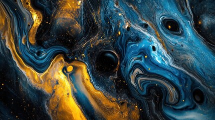Poster - Vivid abstract cosmic swirls of blue and gold, creating a mesmerizing space-like atmosphere.