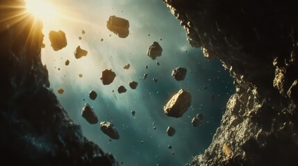 Poster - Asteroids drifting through a cosmic landscape illuminated by bright sunlight.