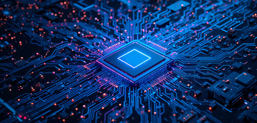 Poster - A microchip is prominently displayed at the center, surrounded by vibrant blue circuitry and glowing lights, illustrating cutting-edge technology in electronics