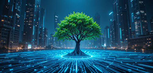 Fototapete - A striking tree stands proudly amid towering skyscrapers, its lush leaves glowing with neon hues. The ground is detailed with digital patterns that enhance the modern atmosphere