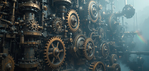 Poster - A collection of large brass gears is arranged closely in an industrial environment filled with smoke and dim light