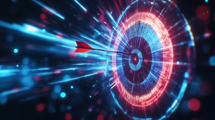 Poster - An abstract scene of a dart hitting a glowing target with vibrant blue and red light trails.