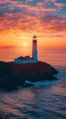 Poster - Golden light bathes the lighthouse perched on a rugged cliff, casting reflections on the ocean below. Vibrant hues fill the sky as day transitions to night, enveloping the coastal landscape in warmth