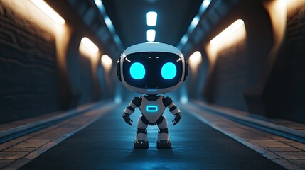 Poster - A near view of a futuristic robot positioned in a poorly illuminated hallway