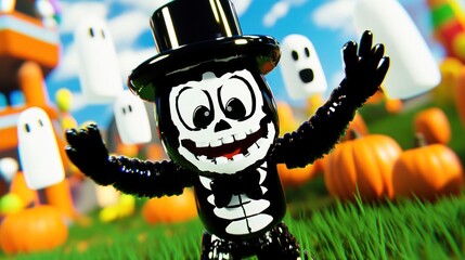 Wall Mural - Cartoon skeleton character in top hat,  Halloween theme,  joyful expression,  surrounded by pumpkins and ghosts.