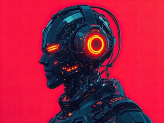 Poster - a robot of the future, adorned with a glowing halo, is set against an eye-catching pink and purple s