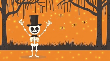 Wall Mural - Cartoon skeleton in top hat with arms raised, surrounded by trees and glowing lights in an orange Halloween landscape.