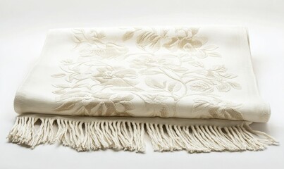 White blanket with a floral pattern and fringes. The blanket has a floral design that is spread across the entire surface.