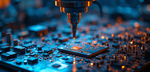Poster - A detailed view shows a precision machine working on a circuit board. Lights illuminate the components, highlighting the complex assembly process in an advanced tech facility