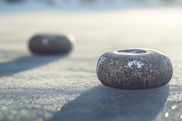 Poster - Close-up of textured stones on a frosty surface, highlighting their unique shapes and natural colors.