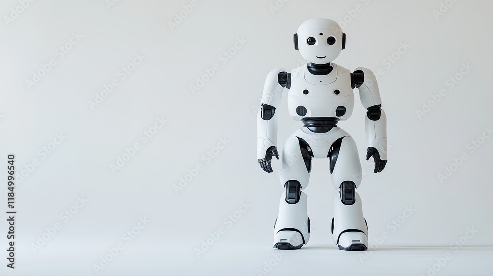 In a pristine white room, a futuristic robot with a white exterior ...